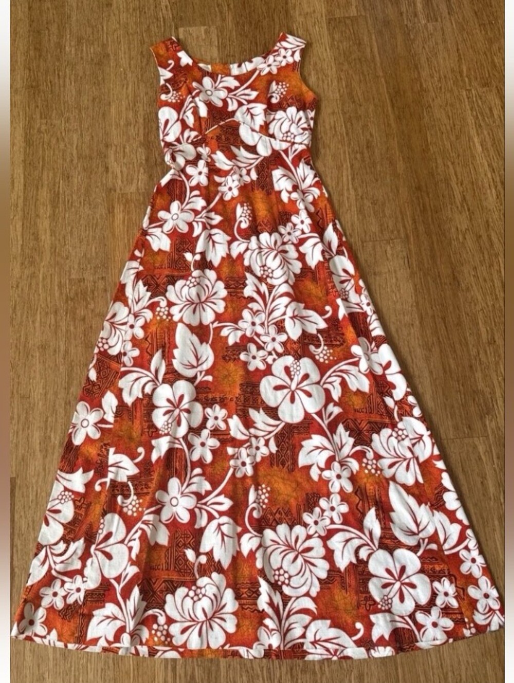 Vintage Royal Hawaiian Rust White Sleeveless Floral Maxi Dress Barkcloth S/M